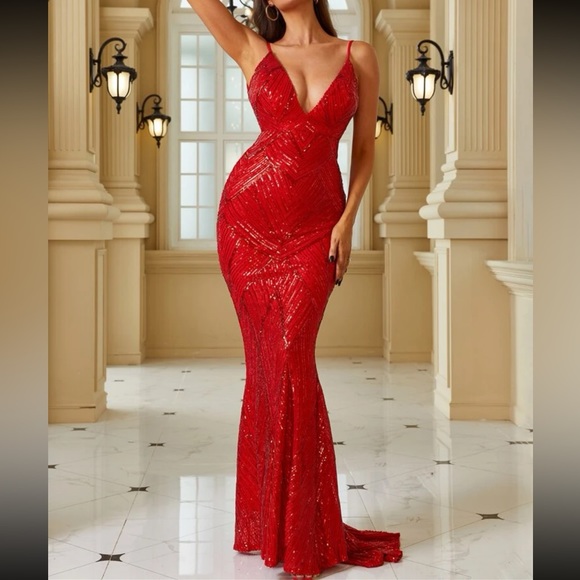 Luxe mermaid hem backless party formal evening sequins gown dress - Picture 4 of 7